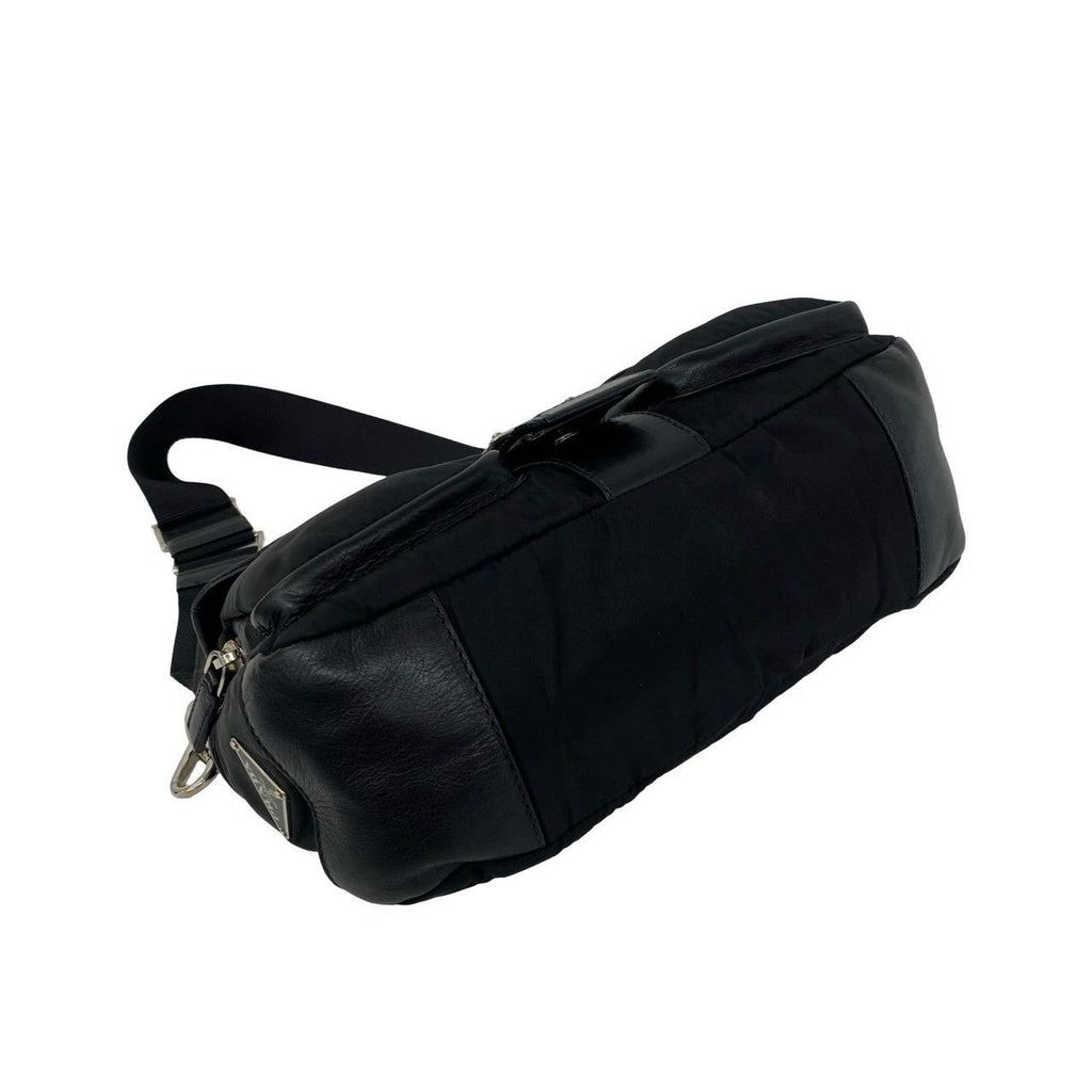Prada Triangle Logo Leather Tessuto Shoulder Bag Black — view 7