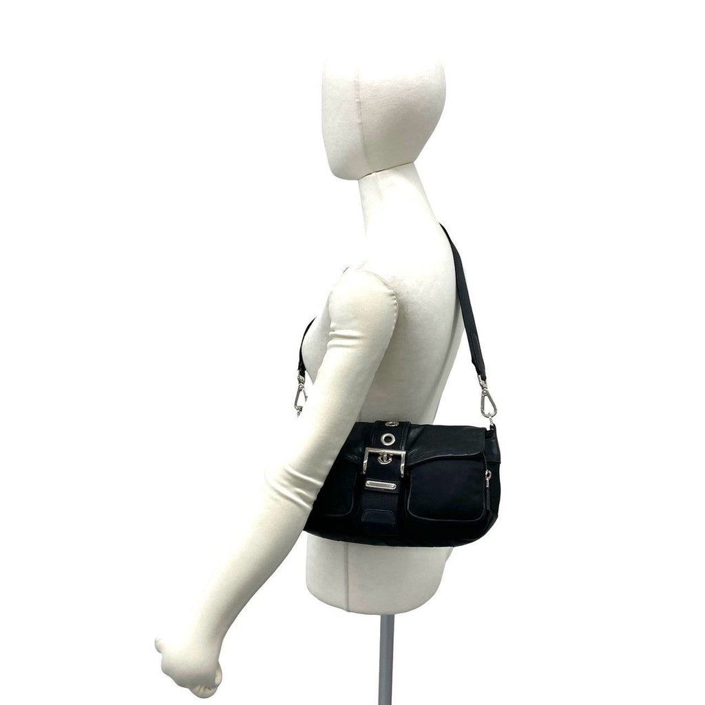 Prada Triangle Logo Leather Tessuto Shoulder Bag Black — view 2