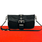 Prada Triangle Logo Leather Tessuto Shoulder Bag Black