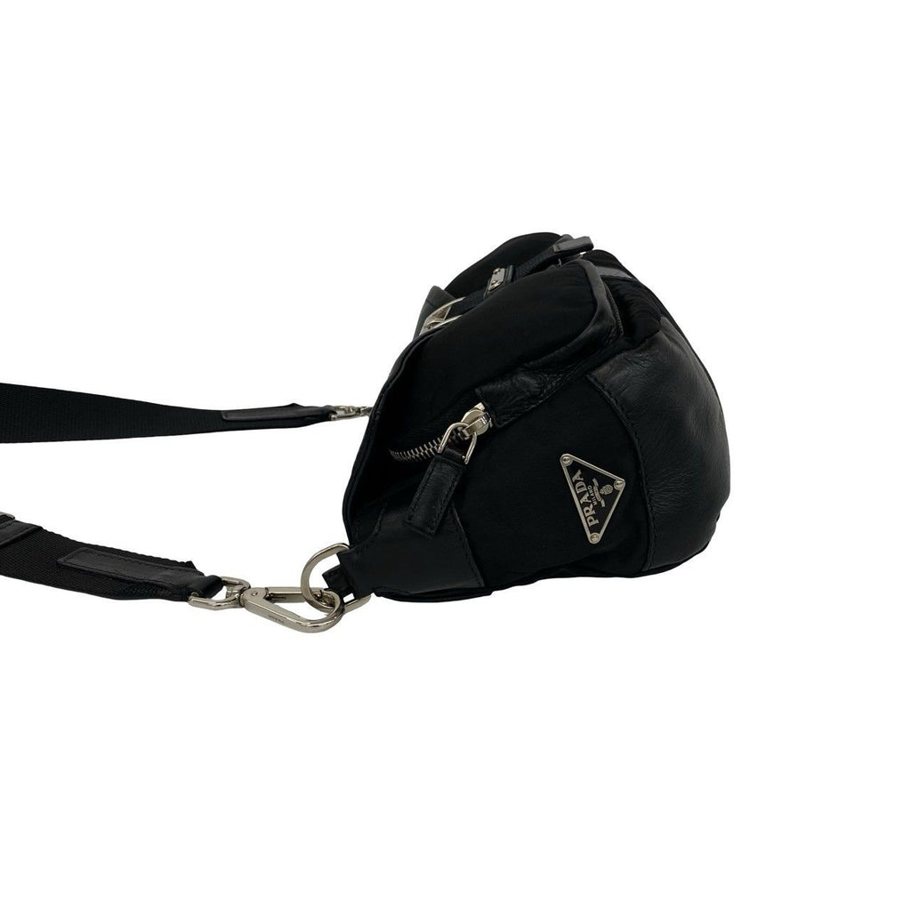 Prada Triangle Logo Leather Tessuto Shoulder Bag Black — view 5