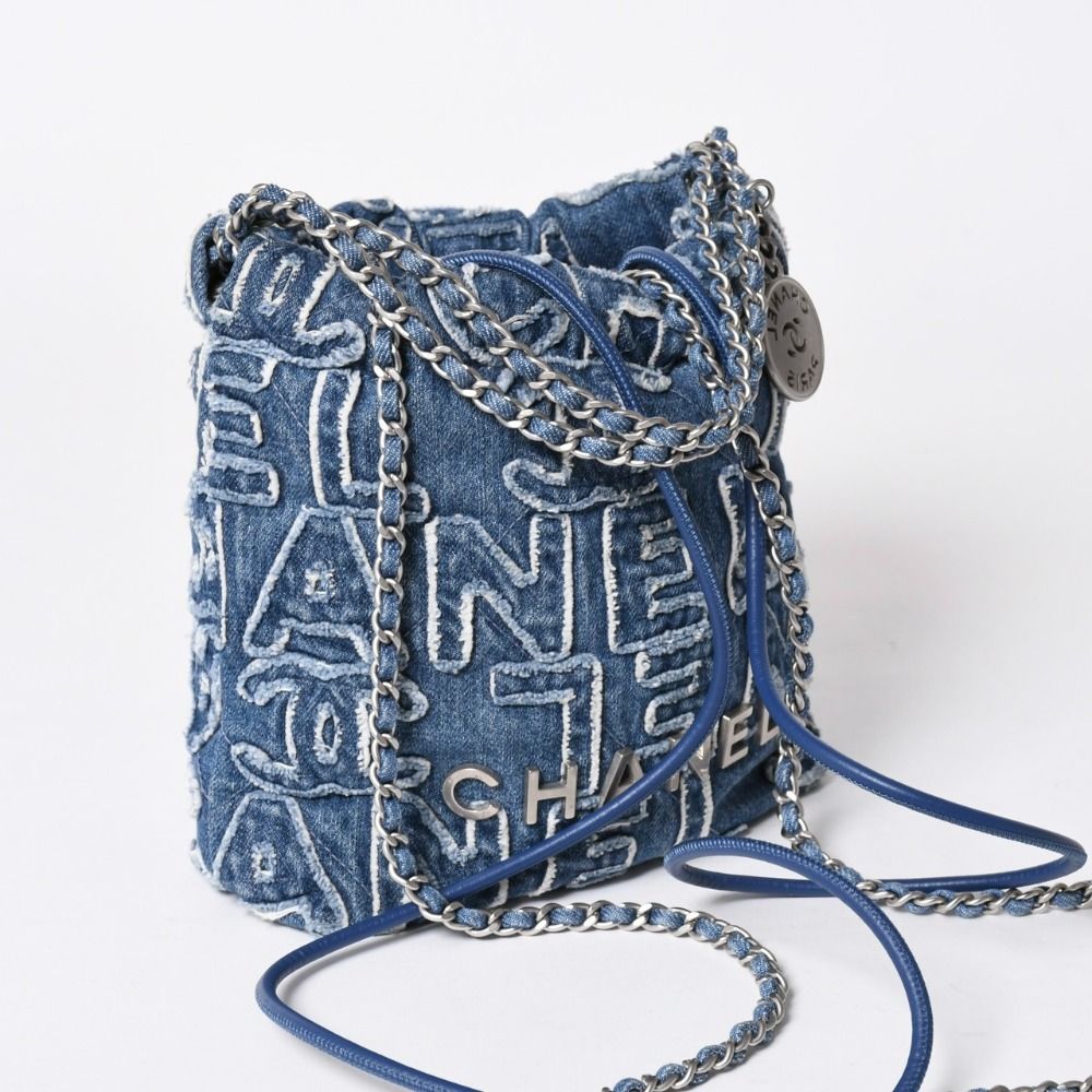Chanel 22 Mini 2-Way Shoulder Bag CC Logo Denim Blue Silver — view 3