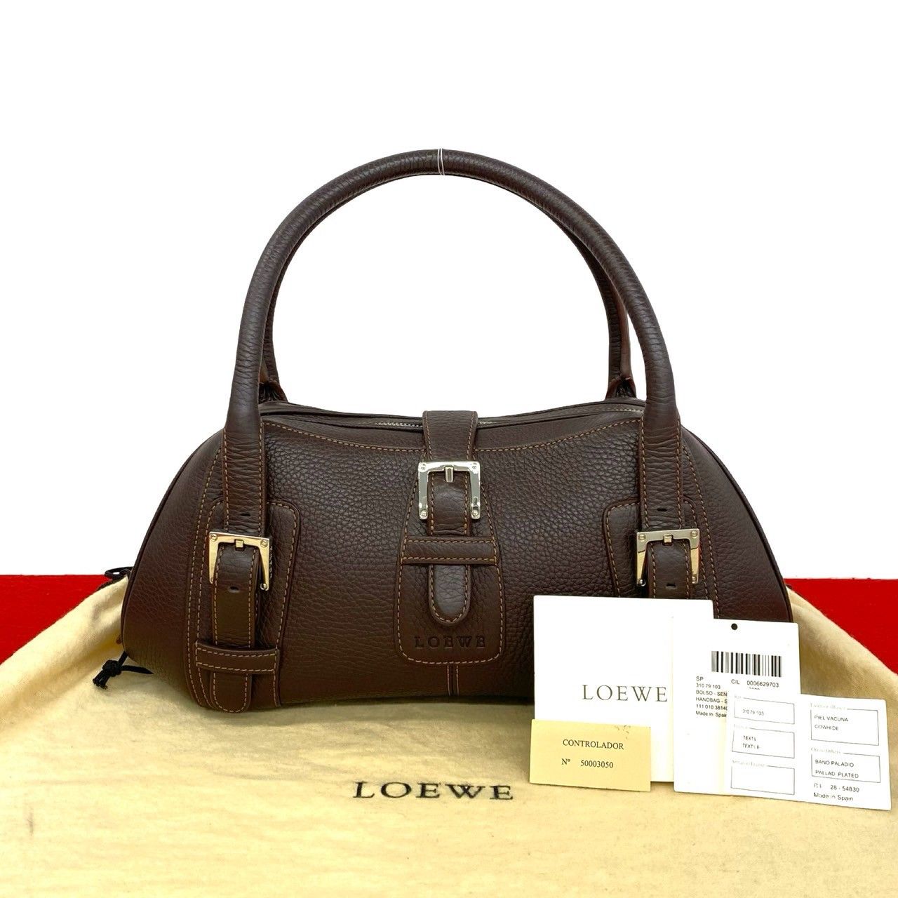 Loewe Included Senda Log Leather Mini Boston Bag Brown