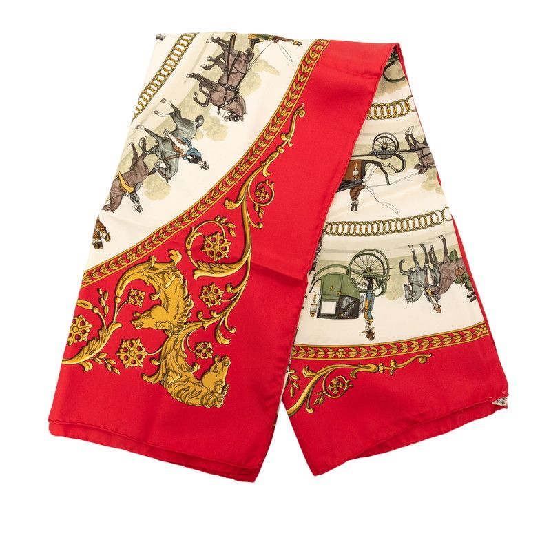 Hermes Carre 90 a Walk to Longchamps la Promenade de Scarf Red Multicolor Silk — view 7