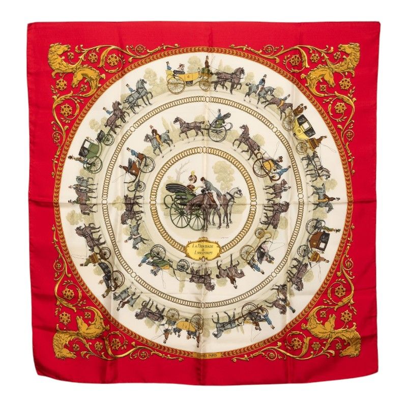 Hermes Carre 90 a Walk to Longchamps la Promenade de Scarf Red Multicolor Silk