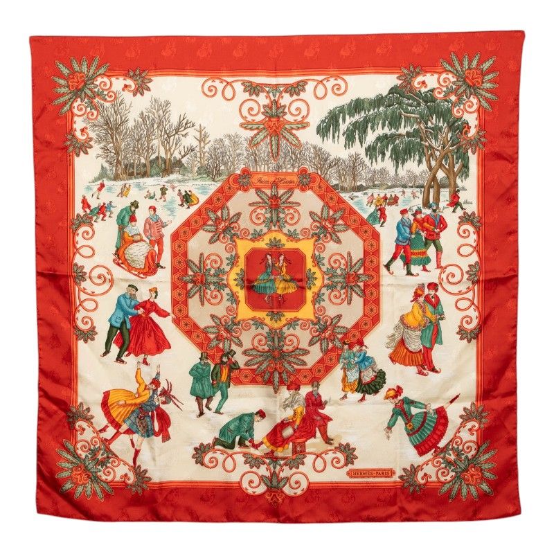 Hermes Carre 90 Winter Fun Joies D'hiver Scarf Red Multicolor Silk