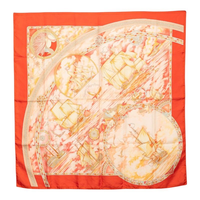 Hermes Carre 90 Magnificent Frigate Fregates Magnifiques Scarf Orange Multicolor