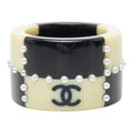Chanel CC Logo Ring Black Ivory Plastic Faux Pearl