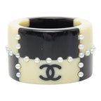 Chanel CC Logo Ring Black Ivory Plastic Faux Pearl