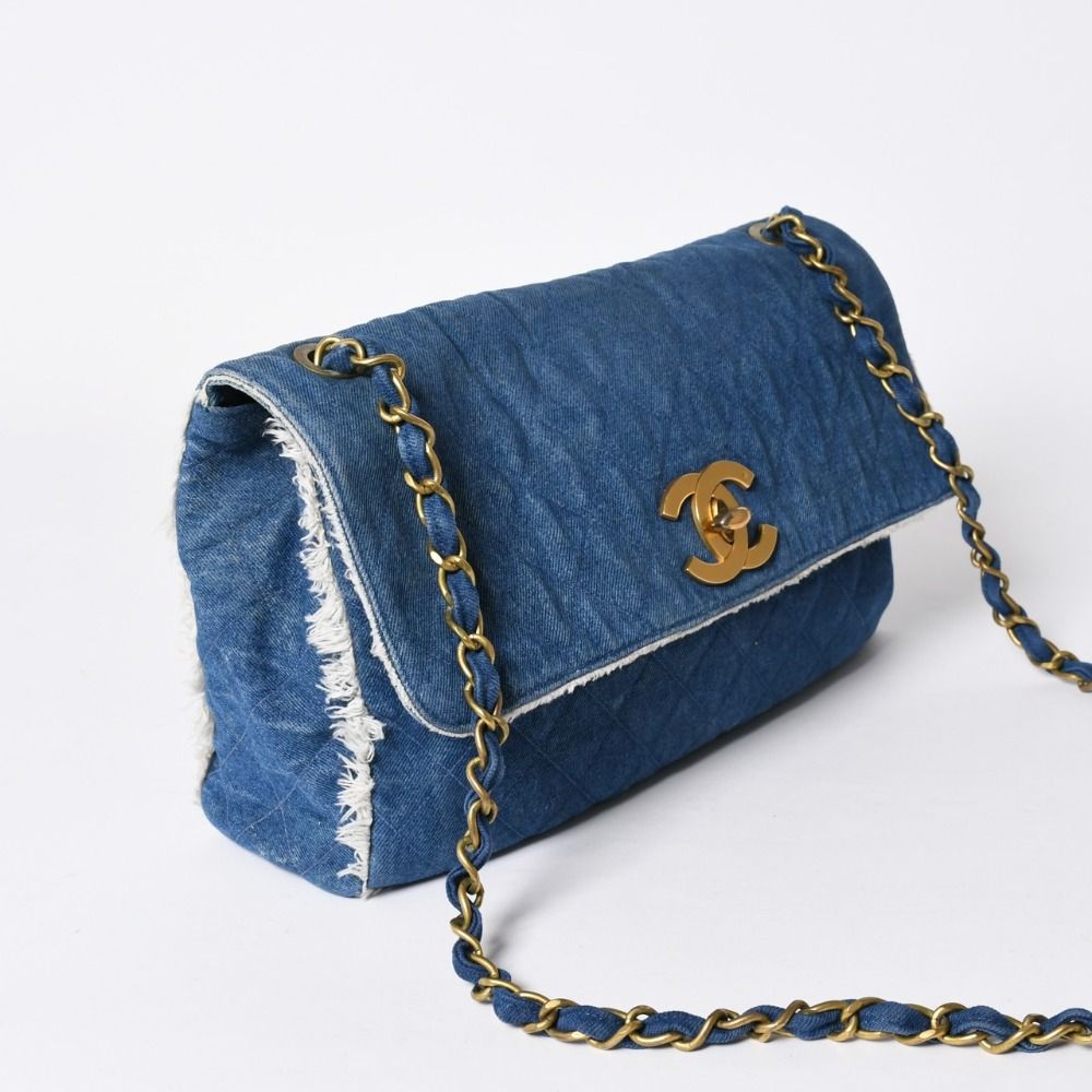 Chanel Chenel Maxi Quilted Single Flap Chain Shoulder Bag Denim Blue Gold — view 3