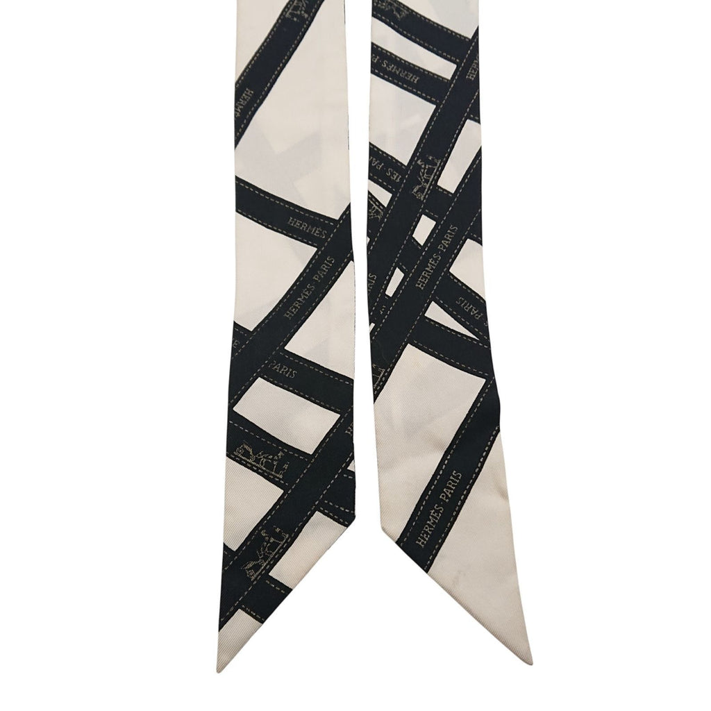 Hermes Twilly Bolduc Ribbon Pattern White Black Scarf — view 5