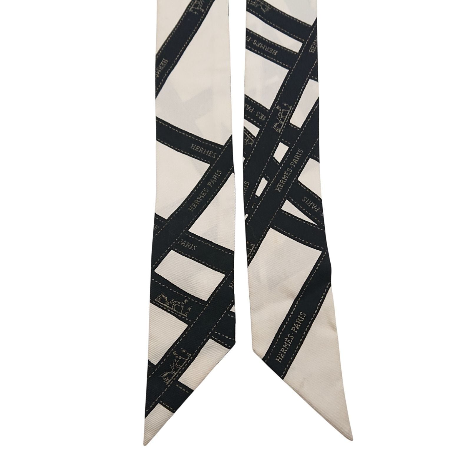 Hermes Twilly Bolduc Ribbon Pattern White Black Scarf — view 5