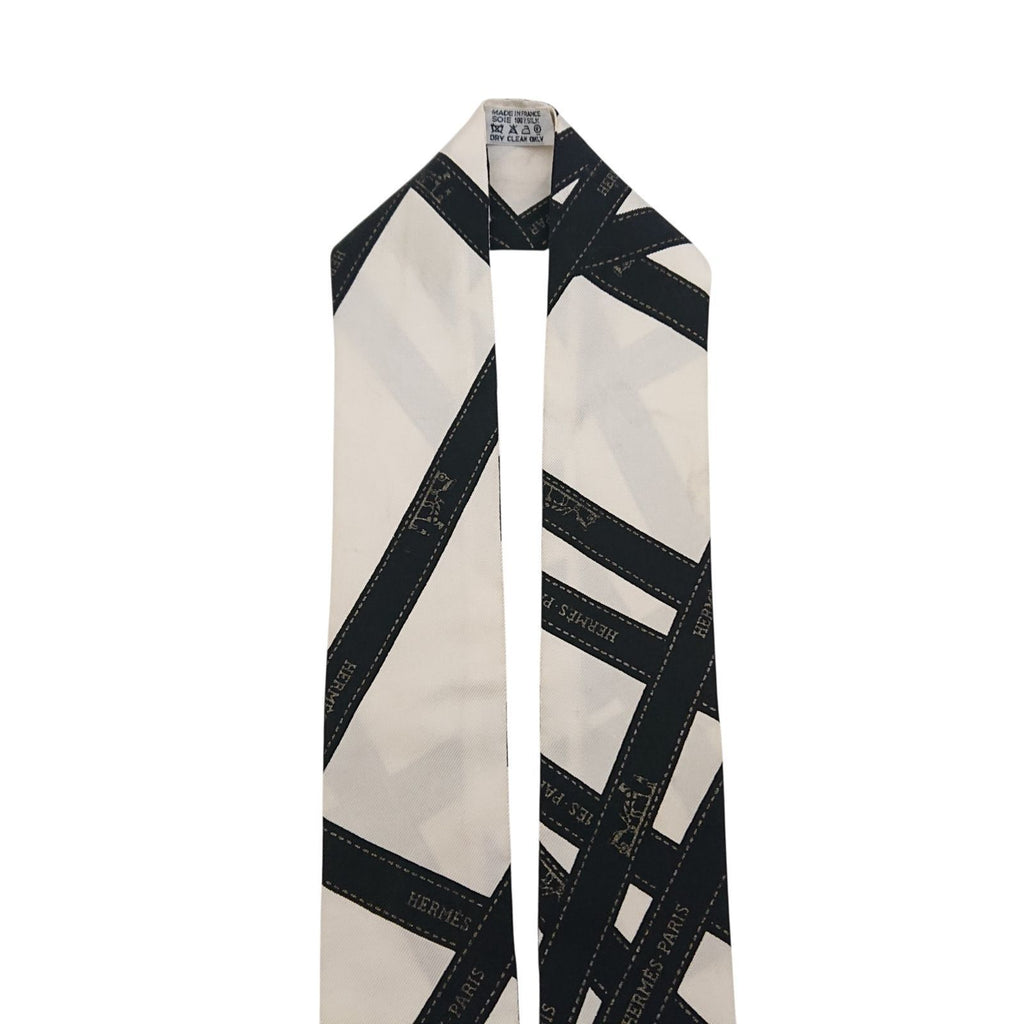 Hermes Twilly Bolduc Ribbon Pattern White Black Scarf — view 6