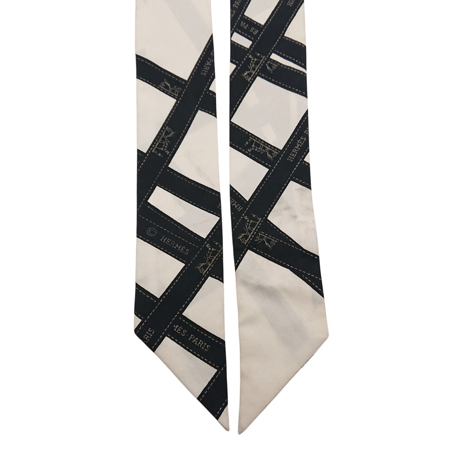 Hermes Twilly Bolduc Ribbon Pattern White Black Scarf — view 7