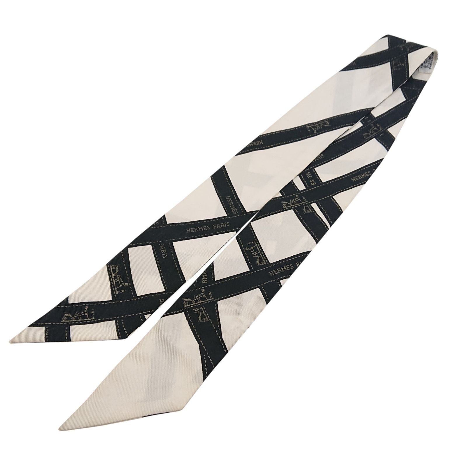 Hermes Twilly Bolduc Ribbon Pattern White Black Scarf — view 4