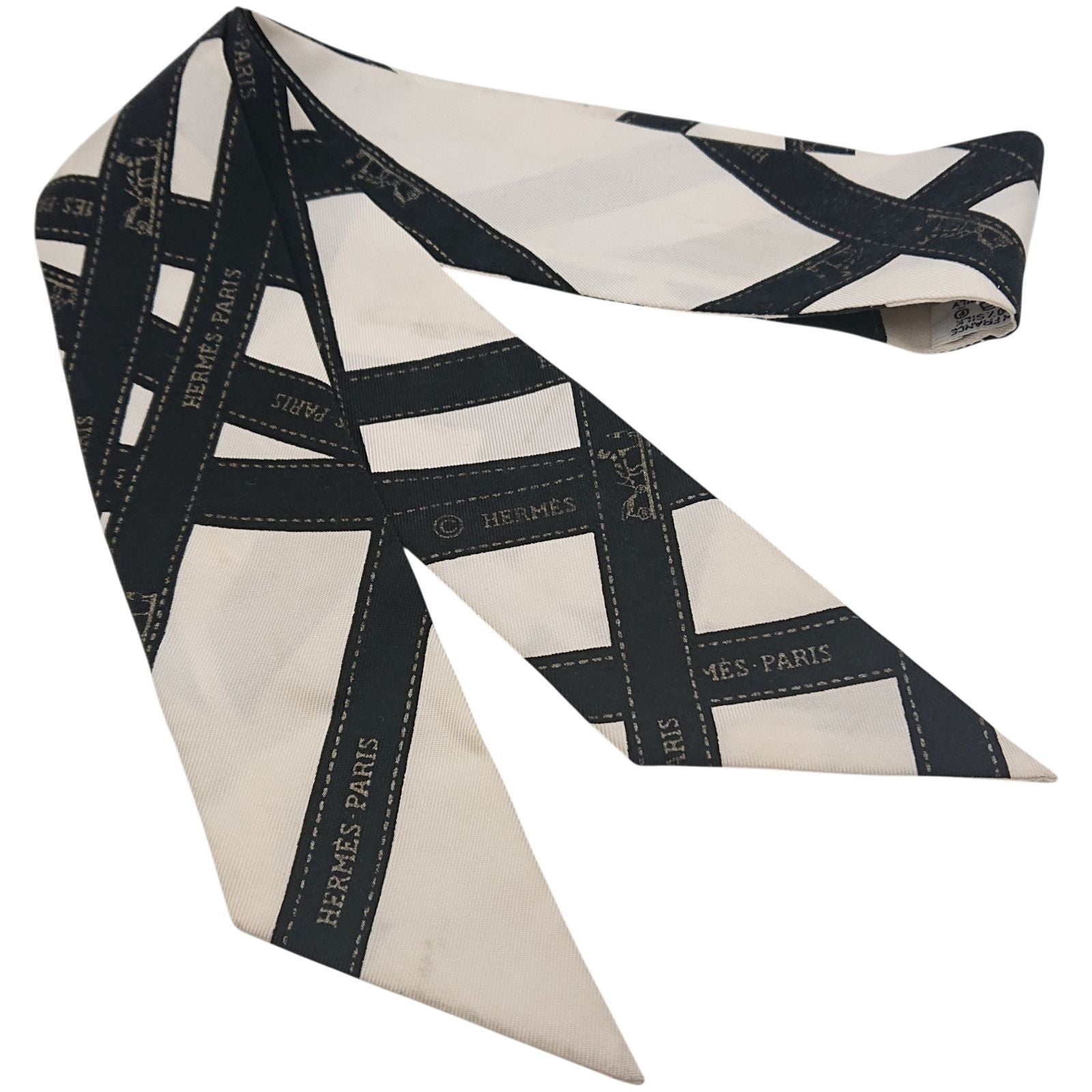 Hermes Twilly Bolduc Ribbon Pattern White Black Scarf — view 2