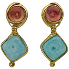 Chanel Earrings Swing Gripoix Color Stone Gold Pink Blue