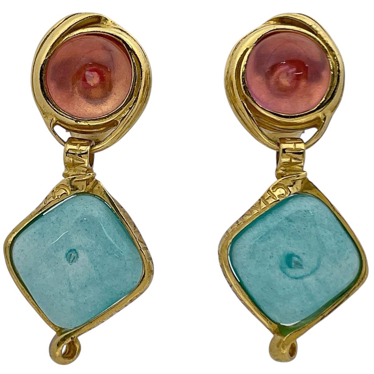 Chanel Earrings Swing Gripoix Color Stone Gold Pink Blue