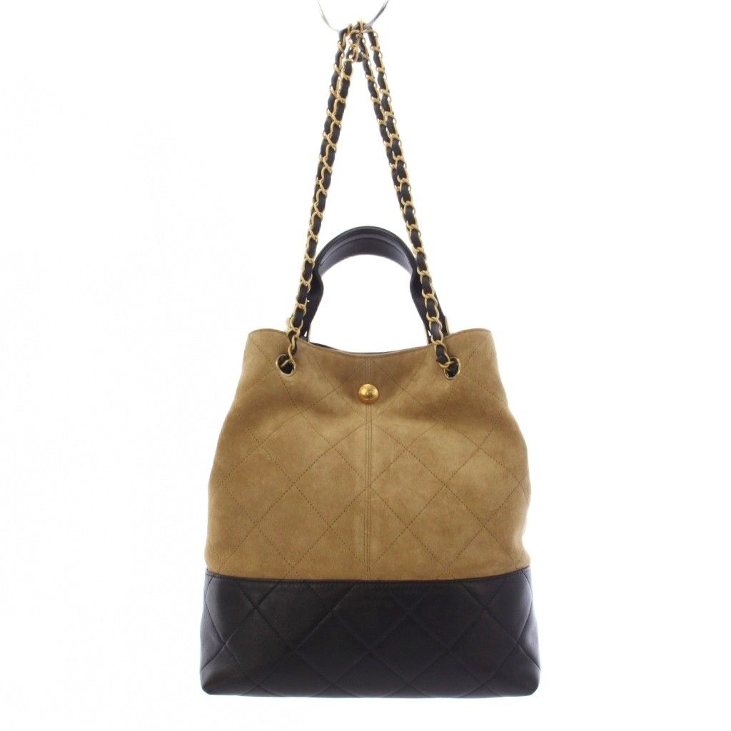 Chanel Quilted Suede Lambskin Handbag 2-Way Beige Black — view 2