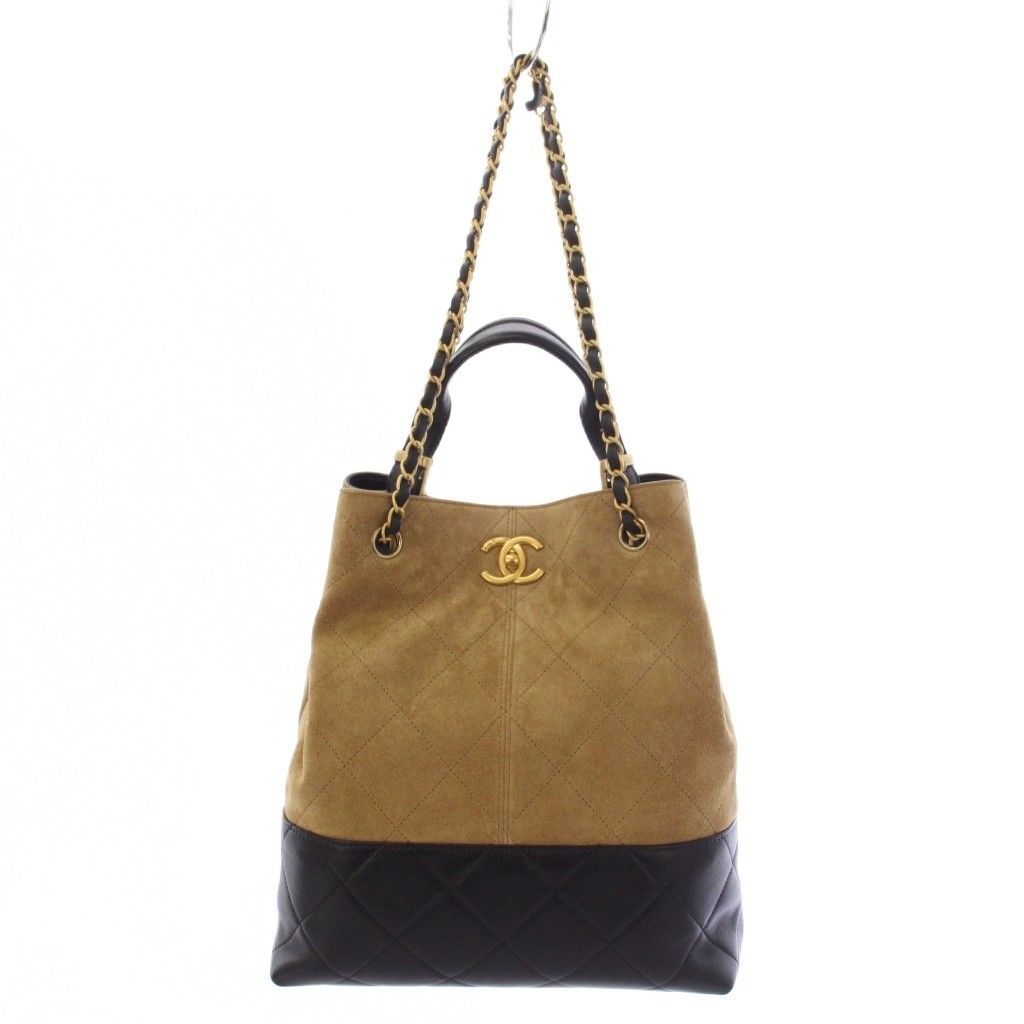Chanel Quilted Suede Lambskin Handbag 2-Way Beige Black