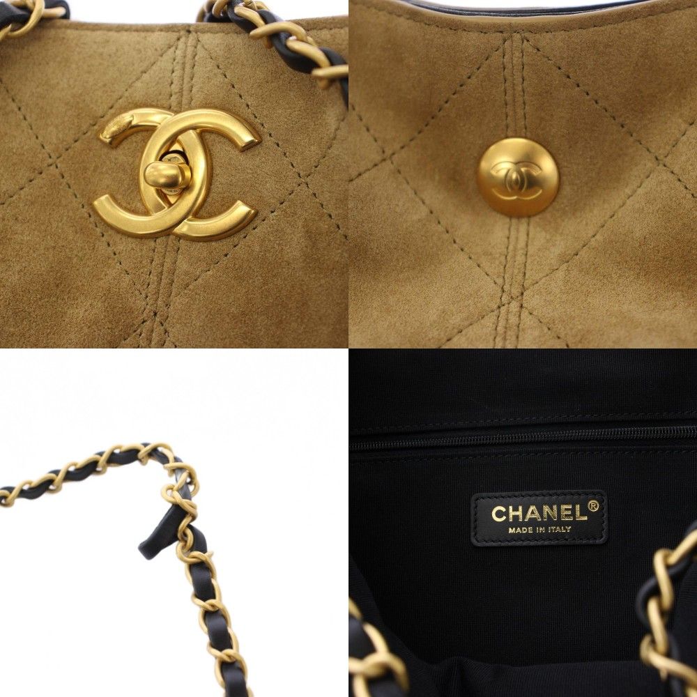 Chanel Quilted Suede Lambskin Handbag 2-Way Beige Black — view 7