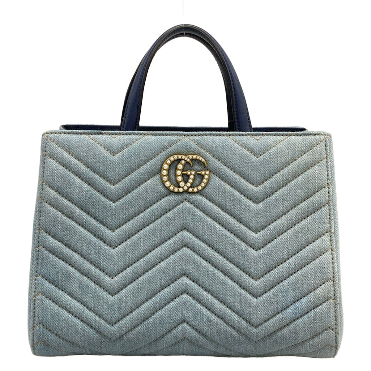 Gucci Tote Bag GG Marmont Light Blue Navy Faux Pearl Leather