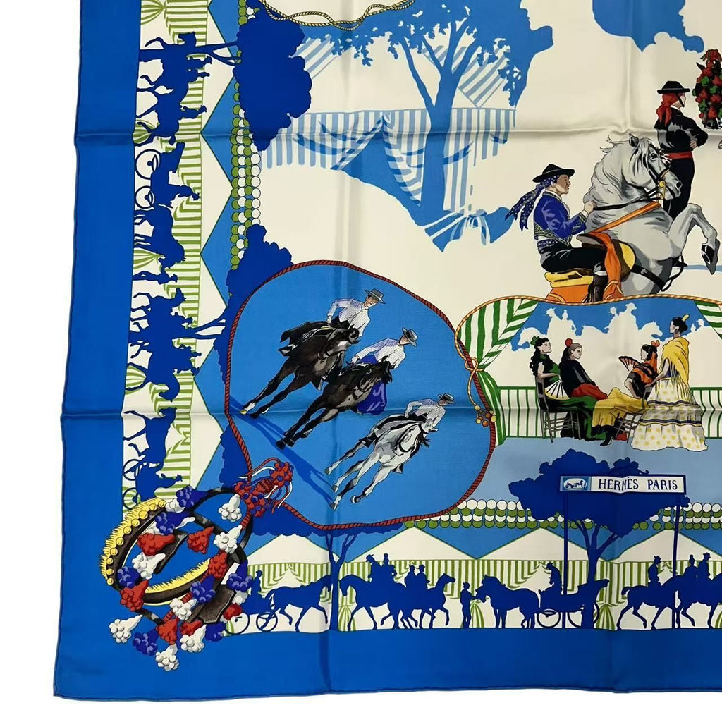 Hermes Scarf Carre 90 Feria de Sevilla Holidays in Seville Silk Blue — view 4