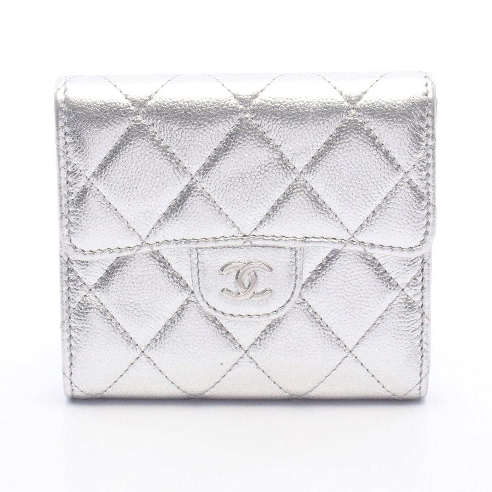 Chanel Trifold Wallet Classic Small Flap Silver Caviar Leather Quilted