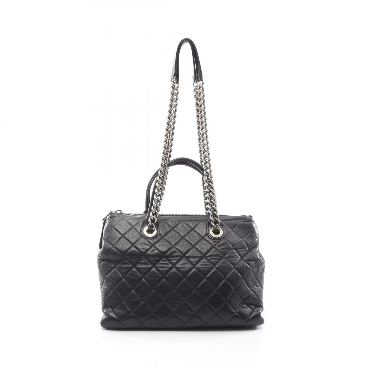 Chanel Tote Bag Quilted Antique Silver 2-Way Black Leather Chain