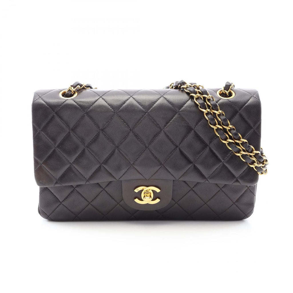 Chanel Shoulder Bag Quilted Double Flap Black Lambskin Chain