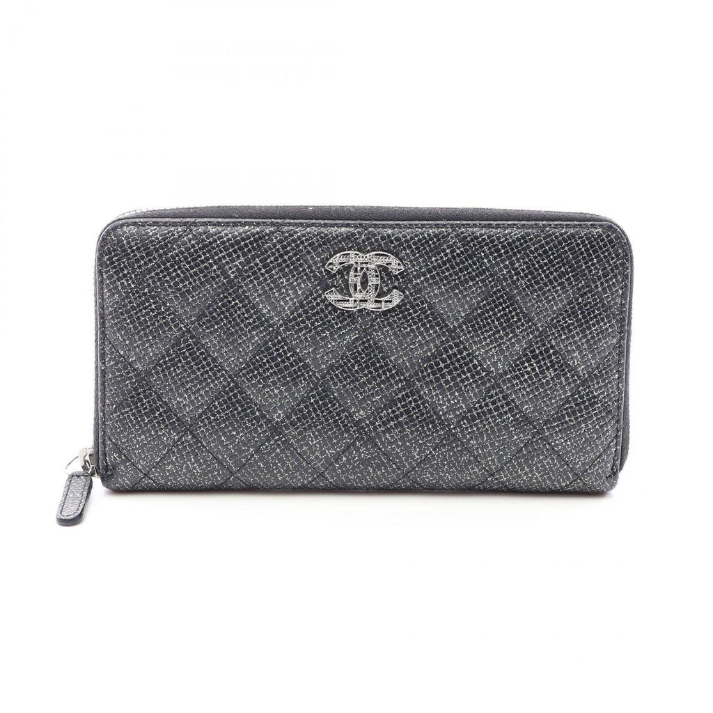 Chanel Round Wallet Quilted Lame Black Caviar Leather
