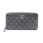 Chanel Round Wallet Quilted Lame Black Caviar Leather