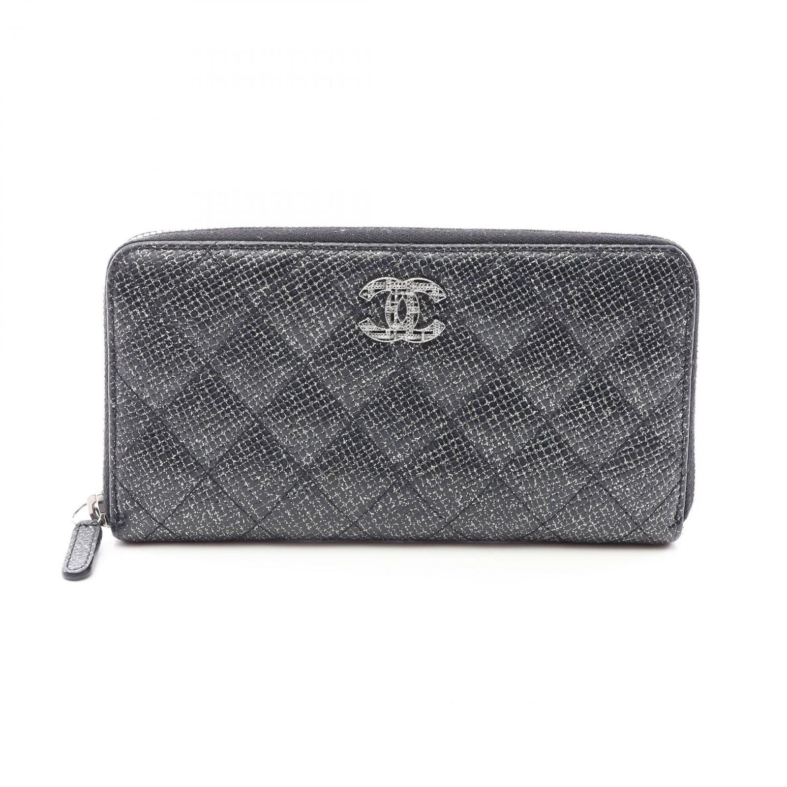 Chanel Round Wallet Quilted Lame Black Caviar Leather
