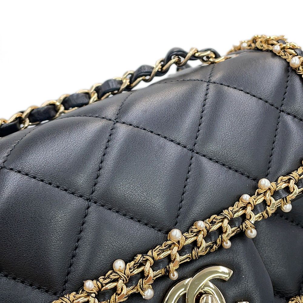 Chanel Chain Shoulder Bag Mini Quilted CC Logo Lambskin Faux Pearl Black — view 7