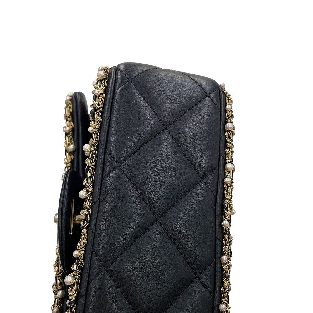 Chanel Chain Shoulder Bag Mini Quilted CC Logo Lambskin Faux Pearl Black — view 8