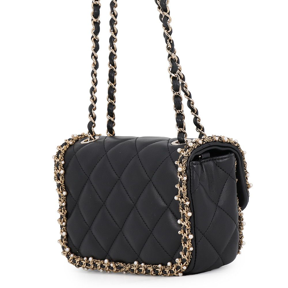 Chanel Chain Shoulder Bag Mini Quilted CC Logo Lambskin Faux Pearl Black — view 2