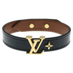Louis Vuitton Monogram Flower LV Initial Bracelet Leather Band Black Brown Gold