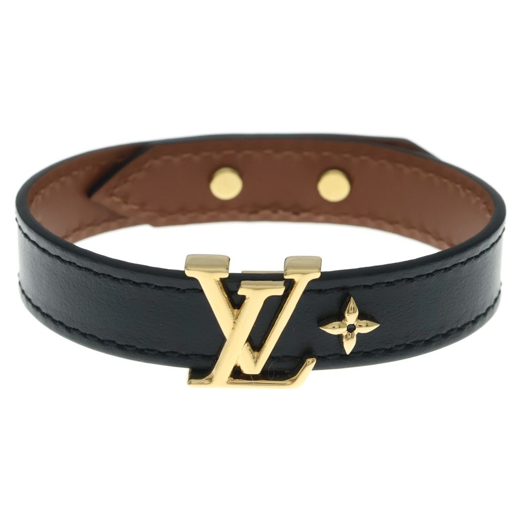 Louis Vuitton Monogram Flower LV Initial Bracelet Leather Band Black Brown Gold