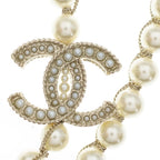 Chanel CC Logo Double Strand Faux Pearl Long Necklace Gold — view 3