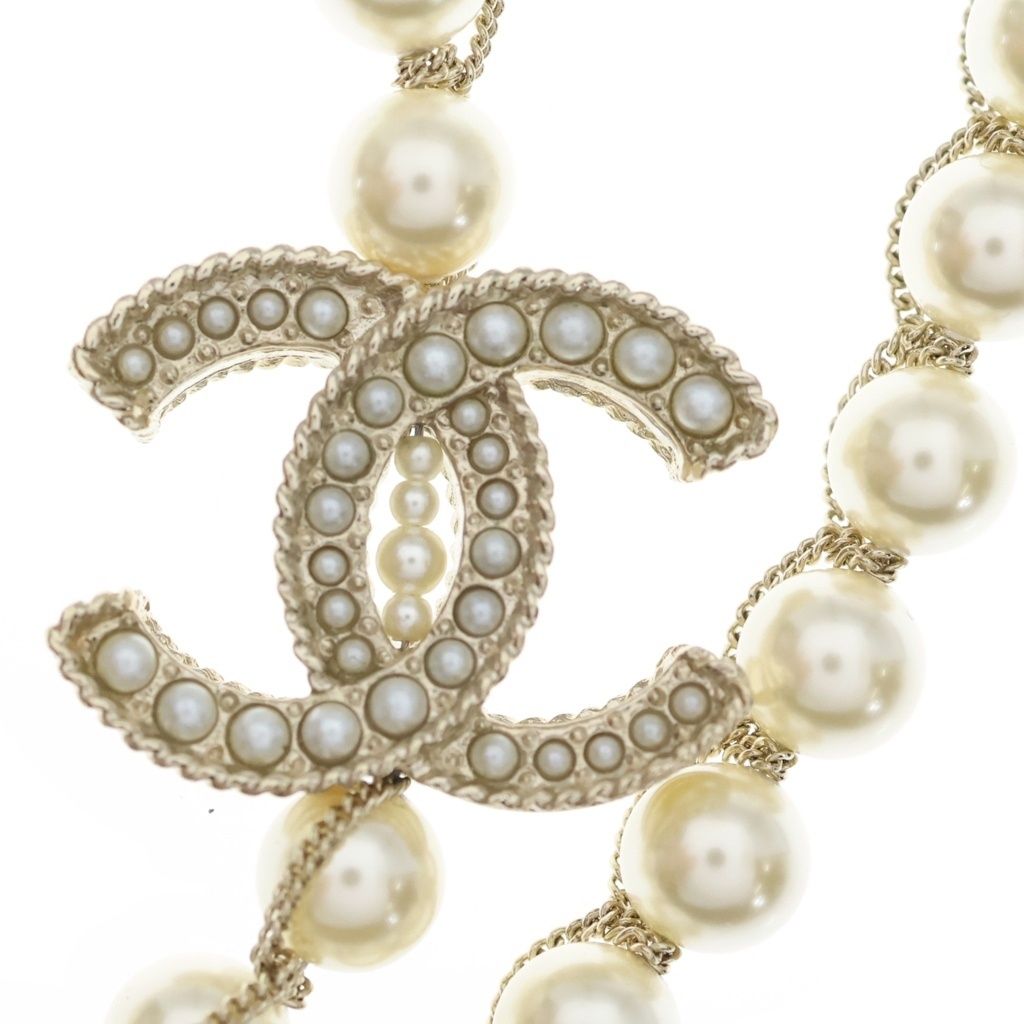 Chanel CC Logo Double Strand Faux Pearl Long Necklace Gold — view 3