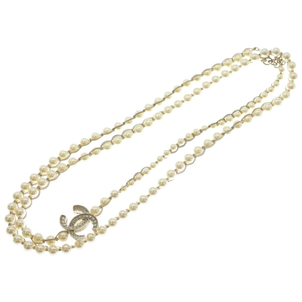 Chanel CC Logo Double Strand Faux Pearl Long Necklace Gold — view 2