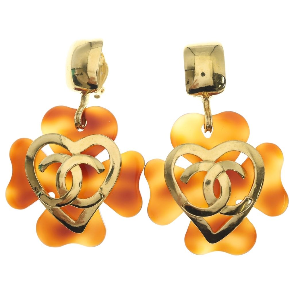 Chanel Coco Heart Earrings Gold Brown Pattern