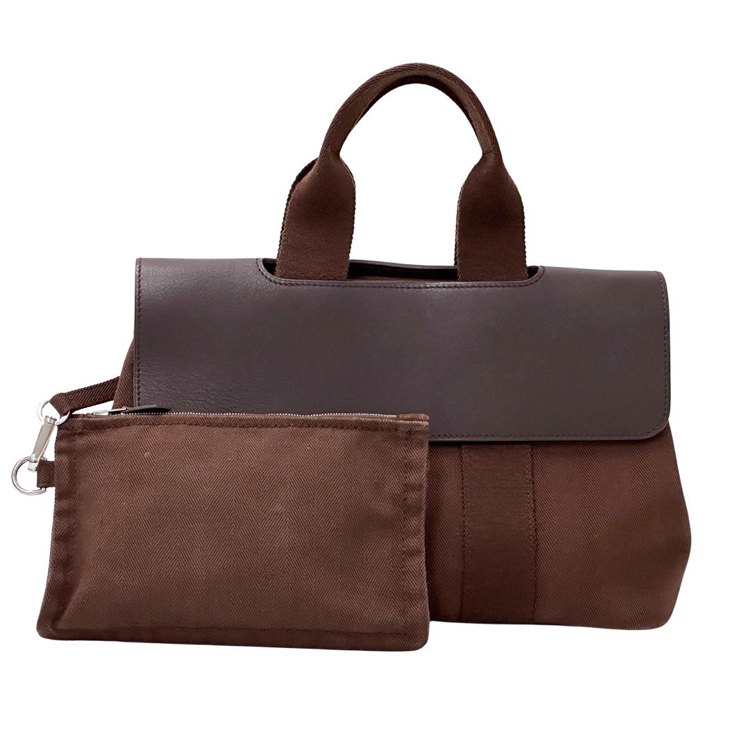 Hermes Valparaiso PM Canvas Handbag Brown Silver Compact Pouch Logo