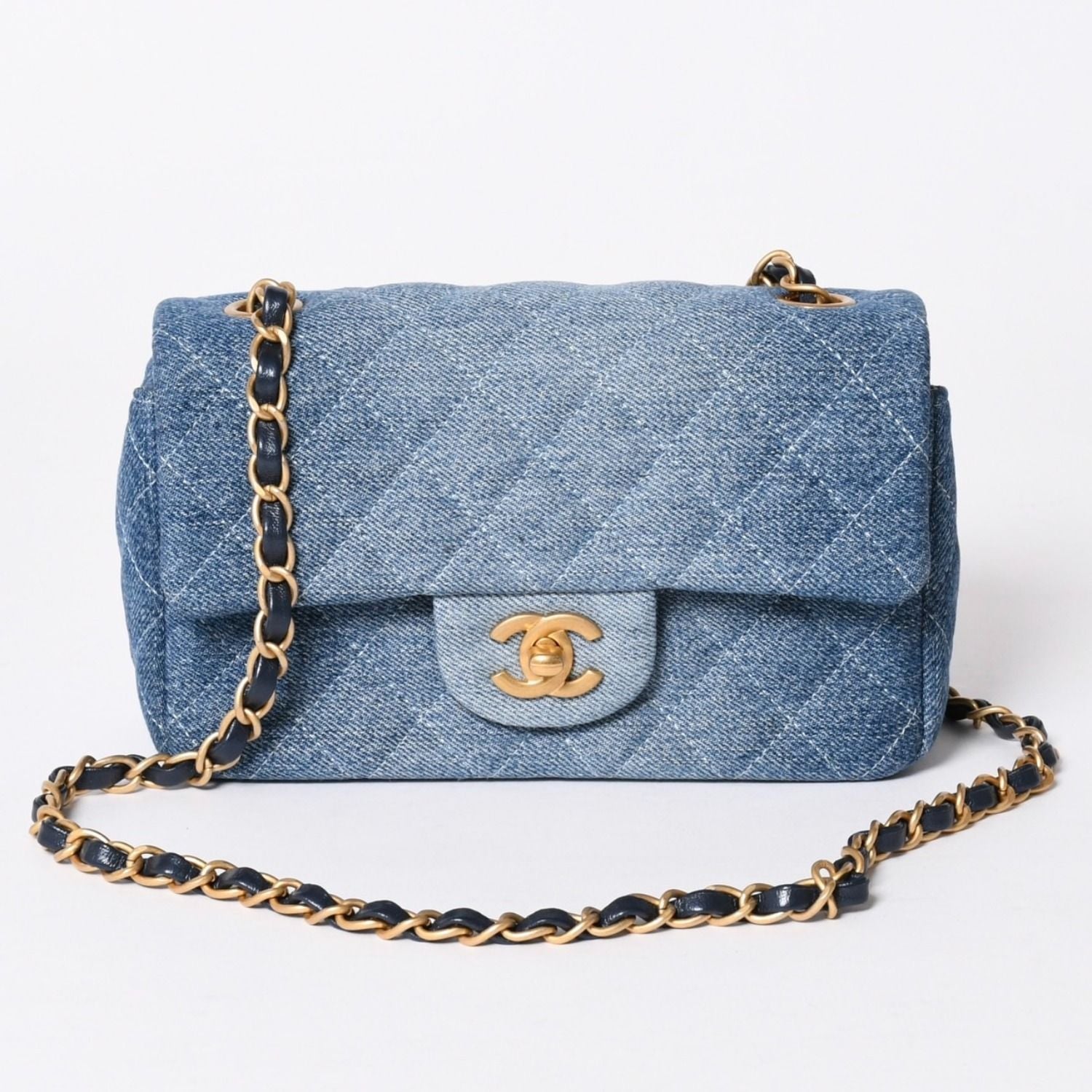 Chanel Mini Quilted 20 CC Logo Gradient Denim Chain Shoulder Bag Stand Blue