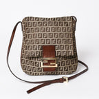 Fendi Zucchino Shoulder Bag Canvas Leather Beige Brown Gold