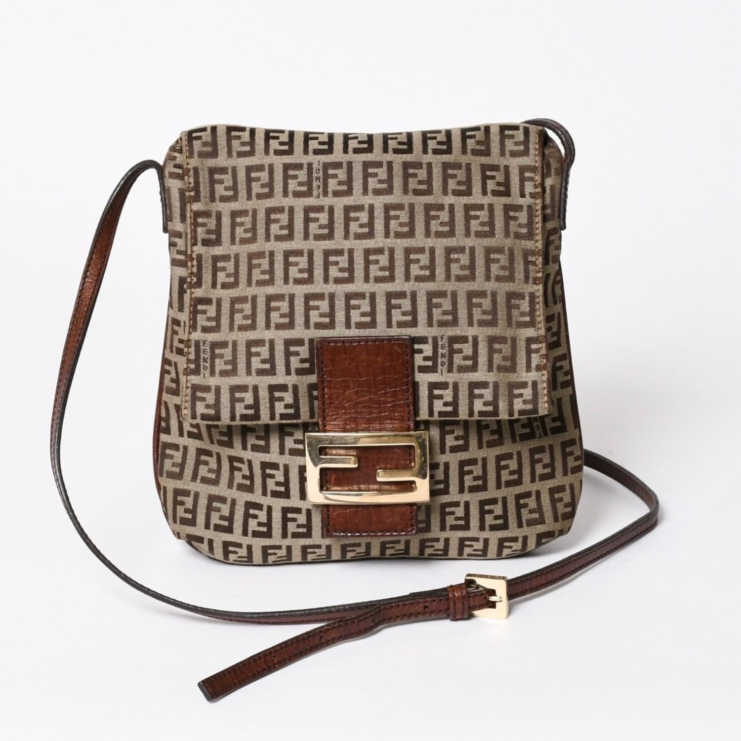 Fendi Zucchino Shoulder Bag Canvas Leather Beige Brown Gold