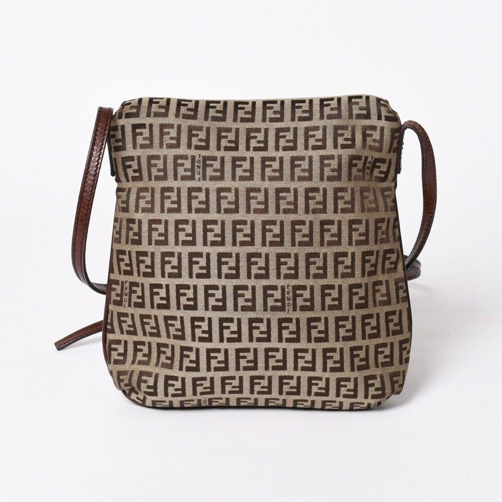 Fendi Zucchino Shoulder Bag Canvas Leather Beige Brown Gold — view 2