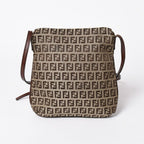 Fendi Zucchino Shoulder Bag Canvas Leather Beige Brown Gold — view 2
