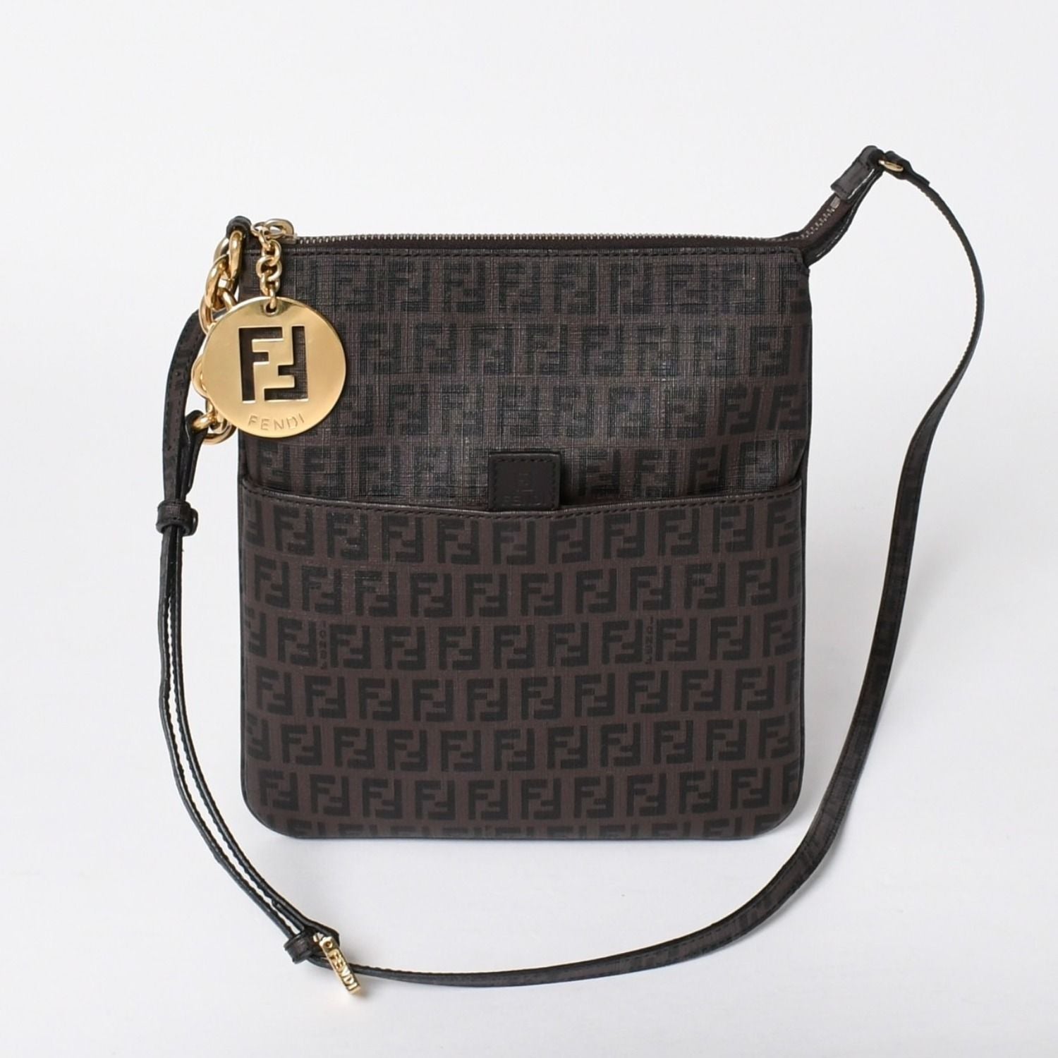 Fendi Zucchino Shoulder Bag FF Logo Brown Gold