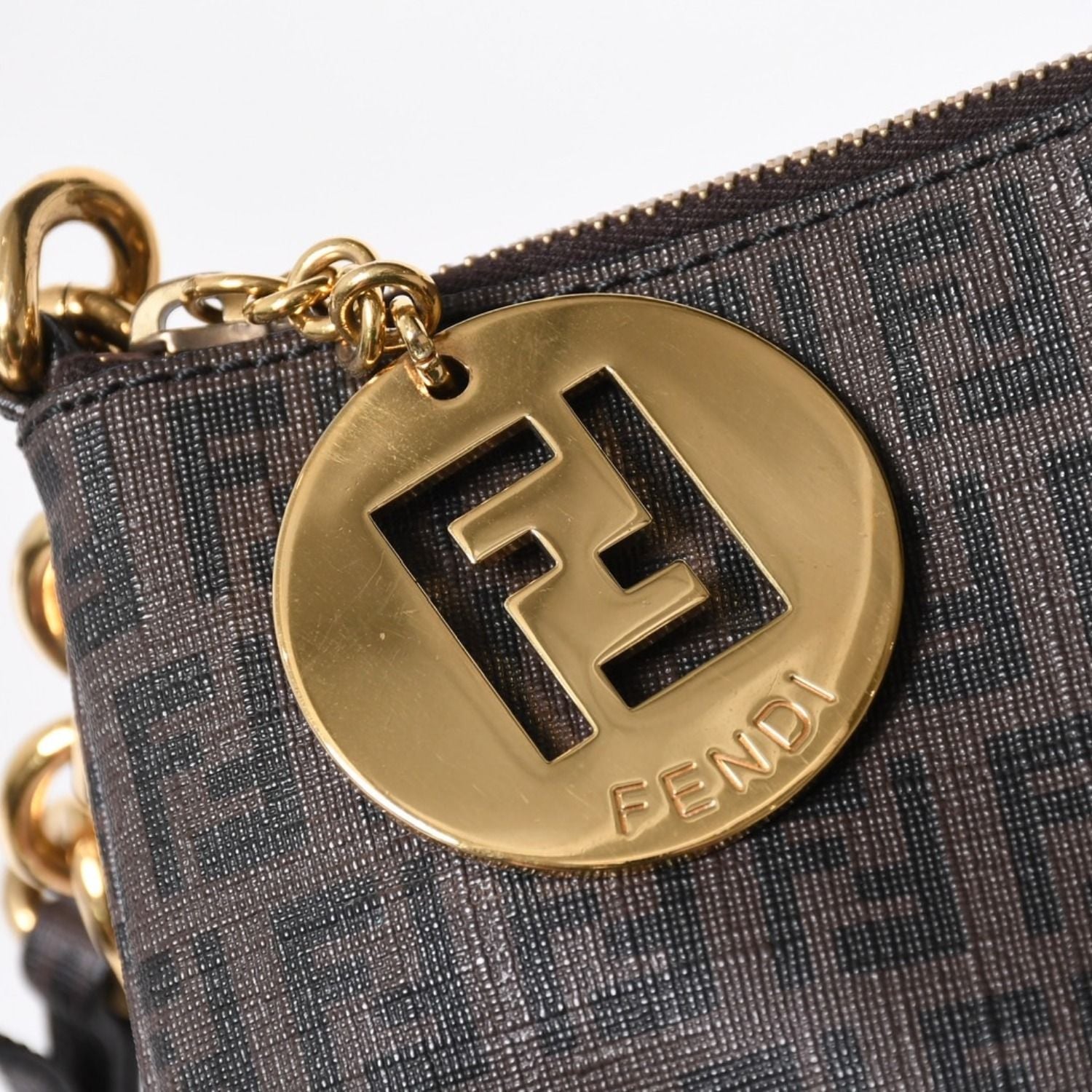 Fendi Zucchino Shoulder Bag FF Logo Brown Gold — view 4
