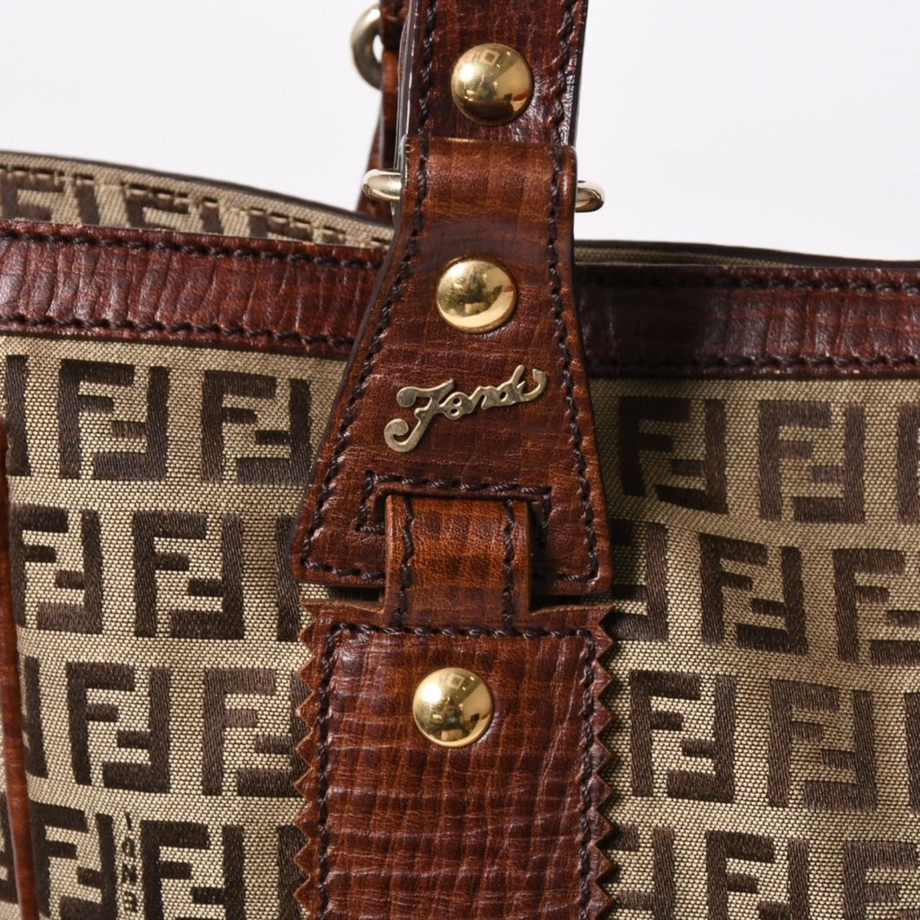 Fendi Zucchino Tote Bag Canvas Leather Beige Brown Gold — view 7